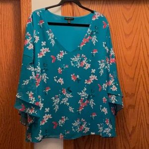 Turquoise Floral Blouse - 3/4 Length Sleeves